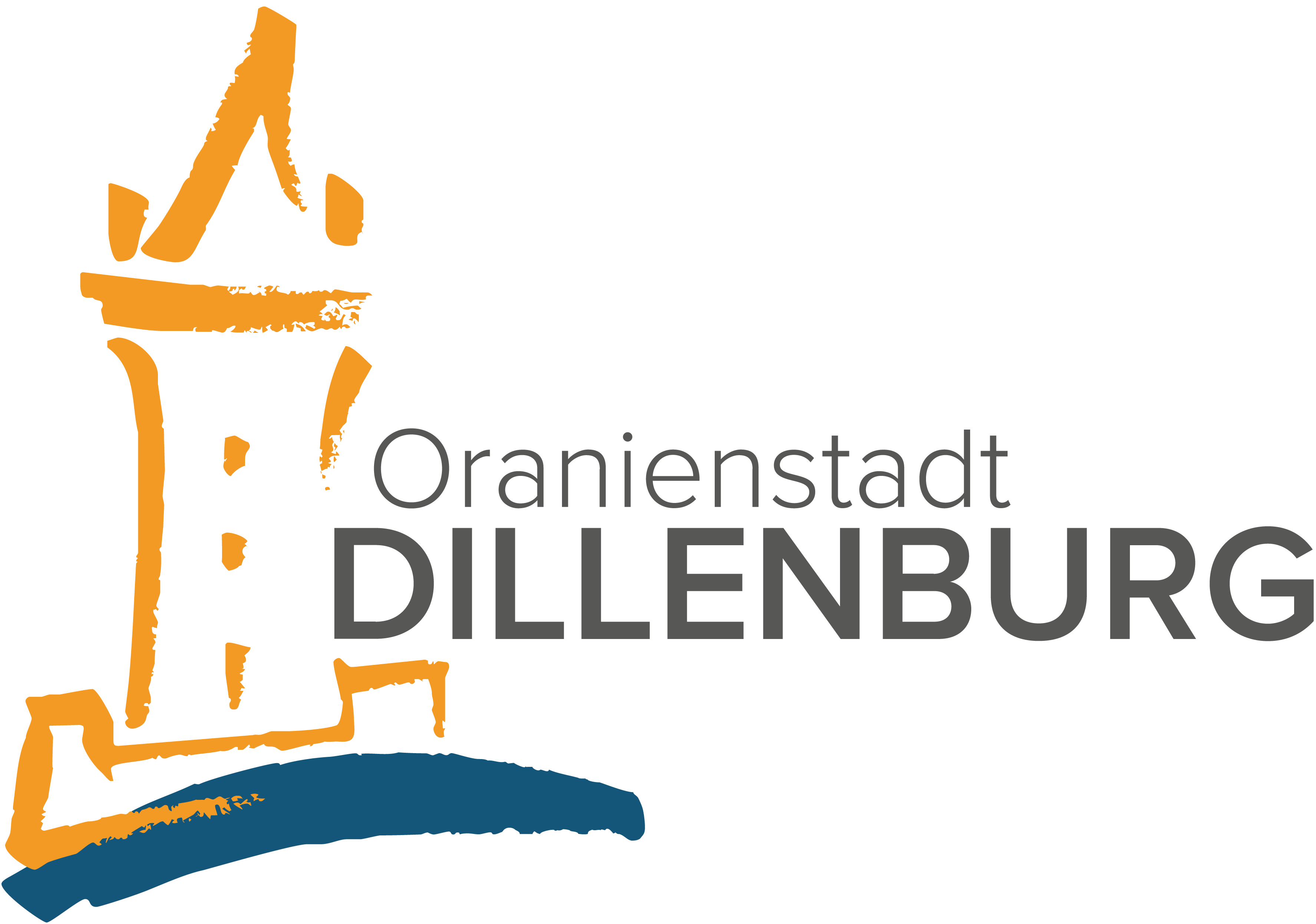 Logo der Oranienstadt Dillenburg. Stilisiert in orange steht der Wilhelmsturm auf der linken Bildseite, darunter ist in blau, wie mit einem Pinselstrich gezogen, eine gebogene blaue Linie zu sehen, die den Fluss Dill darstellen soll. Rechts neben dem orangenen Wilhelmsturm stehen in dunkelgrauer Schrift die Worte Oranienstadt Dillenburg.